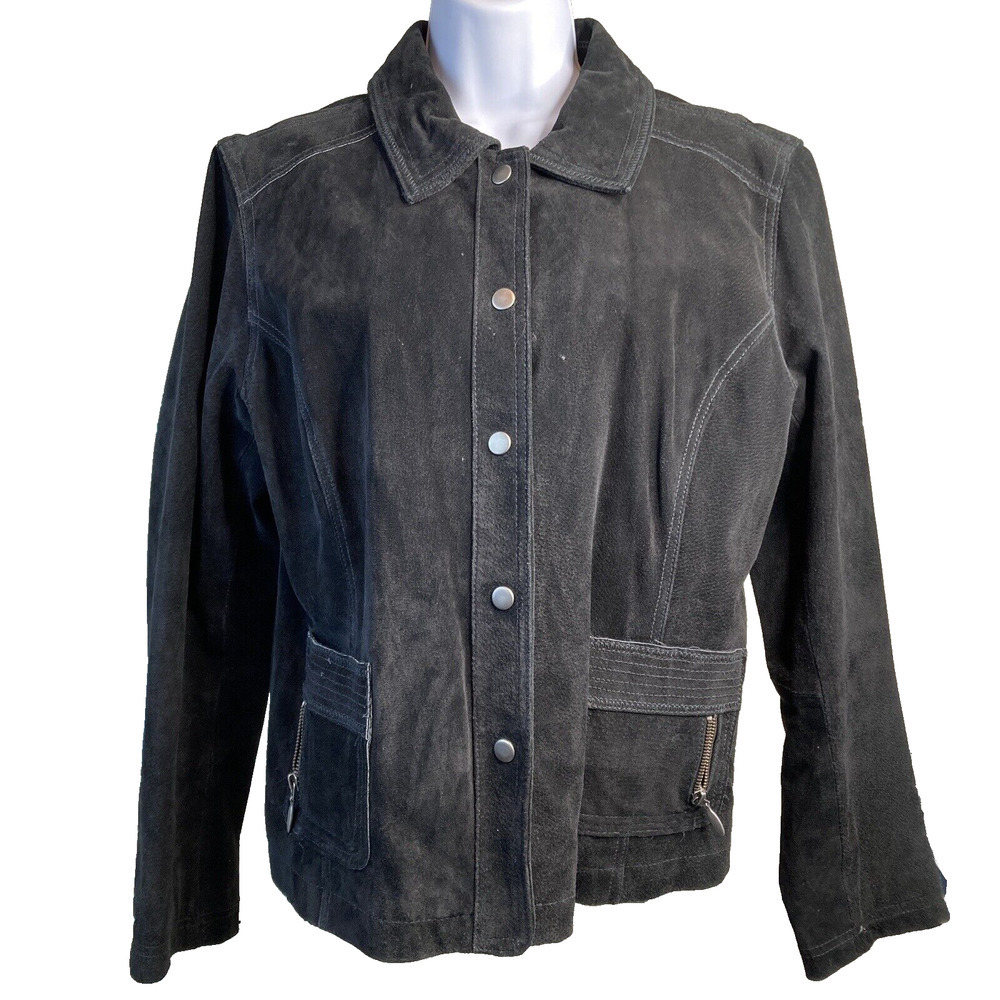 Chicos Black Faux Suede Jacket Womens Sz 2 XL Button Coat Classic Fall‎ Staple
